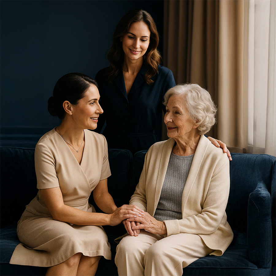 Zwei jüngere und eine ältere Frau die zusammen sitzen