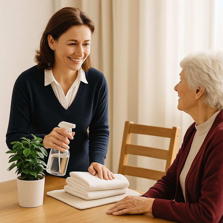 Eine jüngere Frau die einer älteren Frau beim Putzen hilft