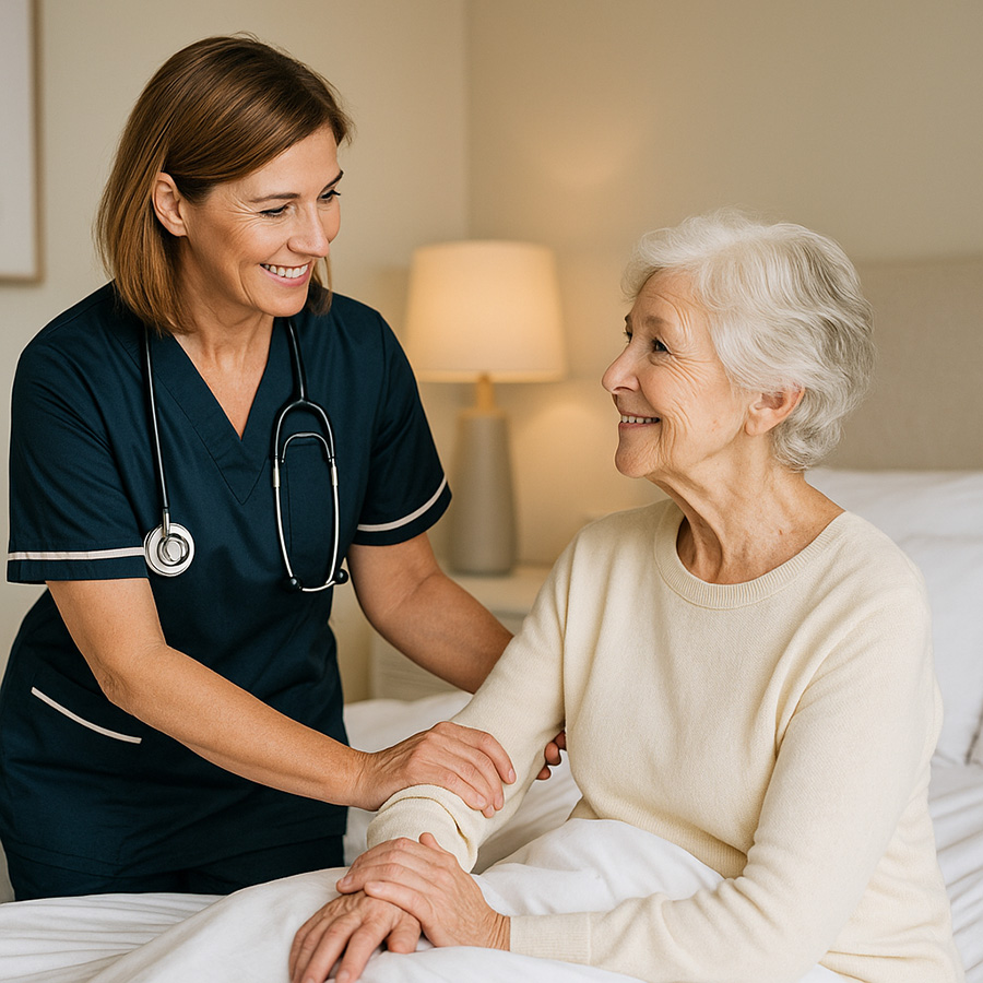 Eine jüngere Frau die eine ältere Frau zuhause pflegt