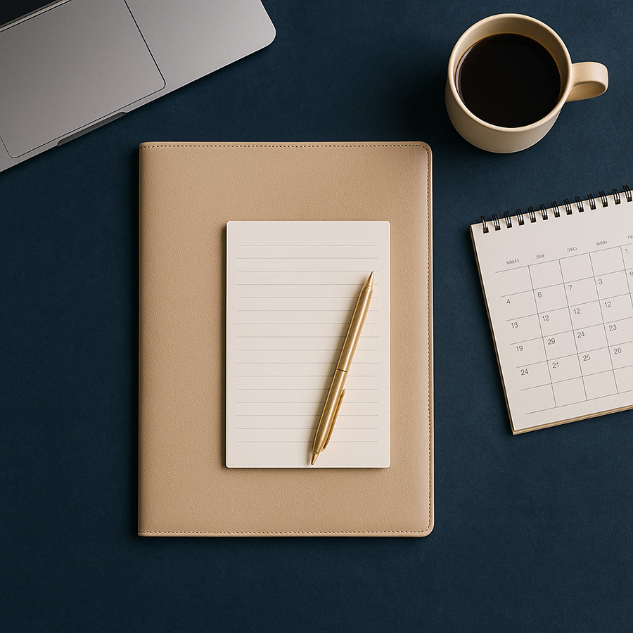 Block und Notizbuch mit einem Stift