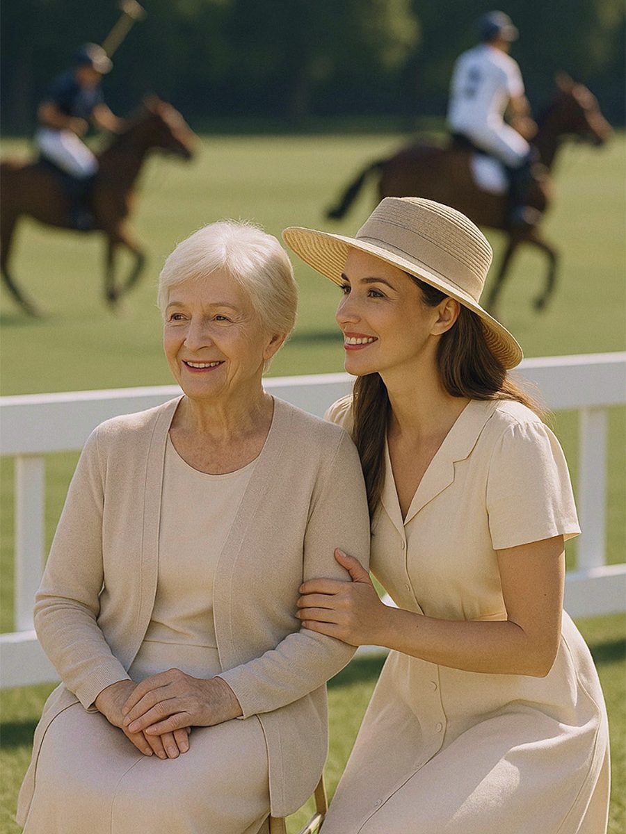 Eine jüngere und eine ältere Frau schauen beim Pferderennen zu